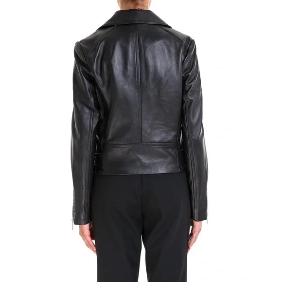 Like New MICHAEL Michael Kors Studdded Belt Biker Jacket 100% Real Lamb Leather - Picture 3 of 14